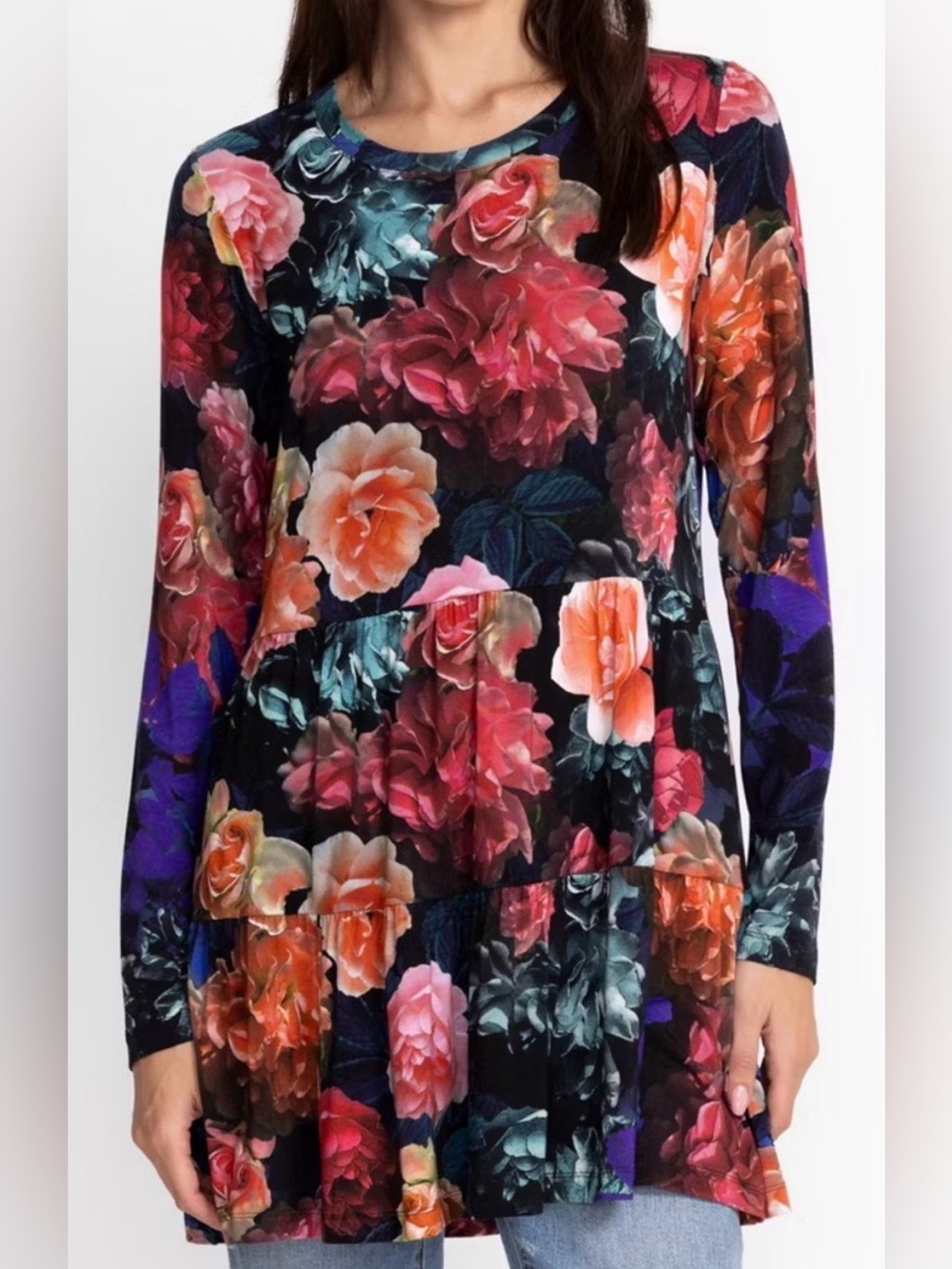 JOHNNY WAS tiered ruffle long sleeve floral blouse top